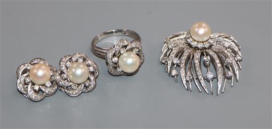 A modern suite of white metal, cultured pearl and diamond jewellery, comprising a ring, brooch and pair of ear clips.